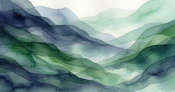 Watercolor mountain landscape in blue and green tones