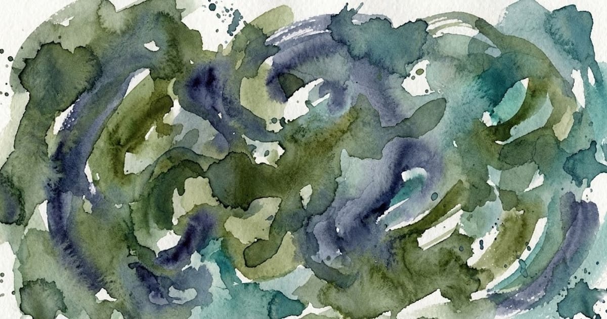Abstract watercolor painting with swirling green, blue, and teal tones