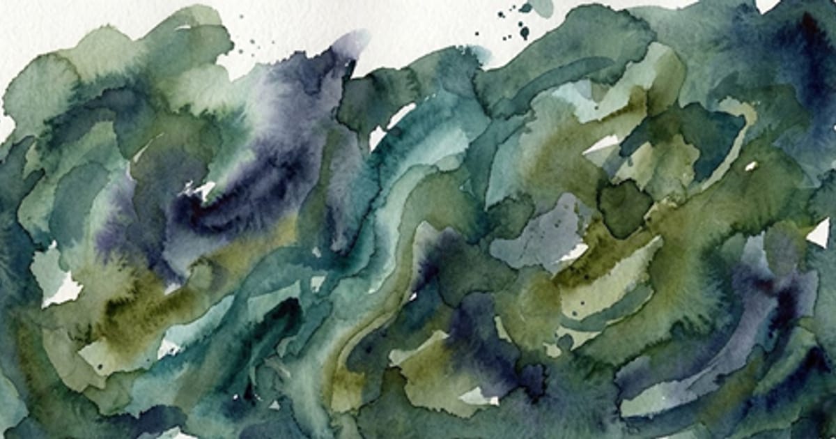 Abstract watercolor painting with flowing green and blue tones