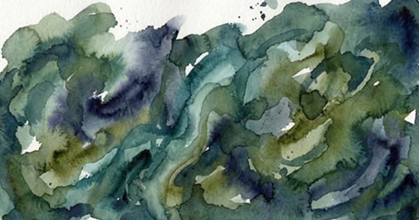 Abstract watercolor painting with flowing green and blue tones