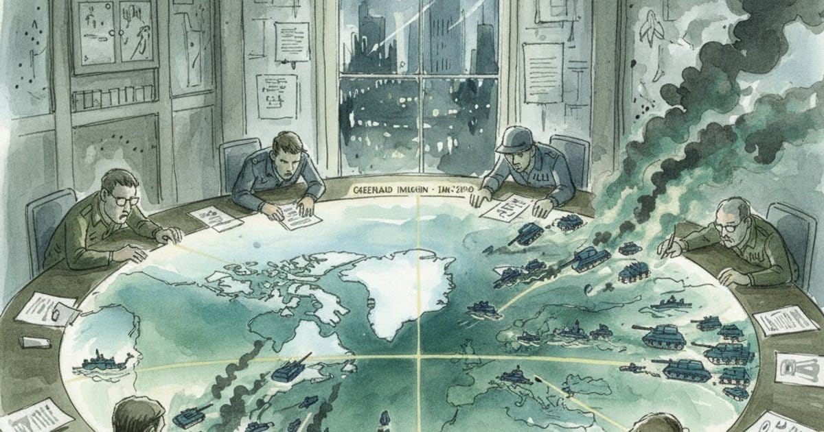 Watercolor illustration of military officers around a war room table with a world map, tanks and smoke rising from conflict zones
