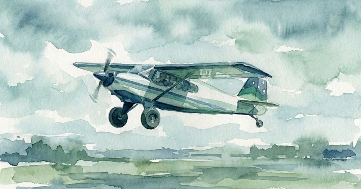 Watercolor painting of a small green and white airplane flying low over a misty landscape