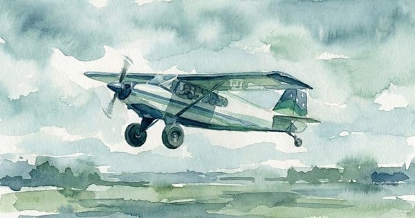 Watercolor painting of a small green and white airplane flying low over a misty landscape